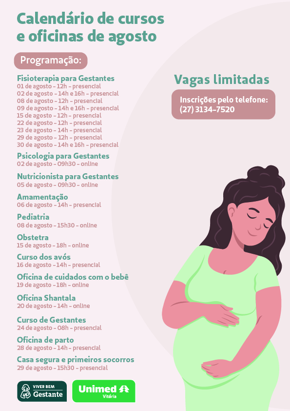 Calendário de cursos e oficinas de agosto do Programa Viver Bem Gestante